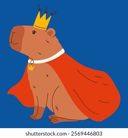 Cute capybara character. Funny rodent in king costume with robe and crown. Hand drawn vector illustration