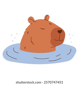 Cute capybara character. Funny rodent swims in pond. Hand drawn vector illustration