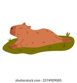 Cute capybara character. Funny rodent resting on grass. Hand drawn vector illustration