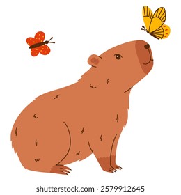 Cute capybara character. Funny rodent playing with butterflies. Hand drawn vector illustration