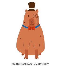 Cute capybara character. Funny rodent wearing hat, monocle and bow tie. Hand drawn vector illustration