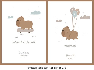 Cute capybara character on printable posters. Vector illustrations with capybara on a skateboard, on balloons.
