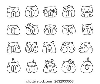Bonito capibara personagem esboço linha arte conjunto criado para crianças floresta temática decorações e ilustração animal para seus projetos de design criativo encantador