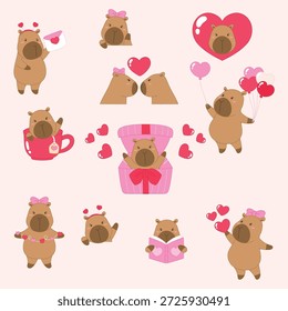 cute capybara character in red cup, kawaii capybara character holding love letter, with colorful heart ballon, funny capybara in the pink box, holding heart garland, happy capybara reading love story book, in romance relationship, cute mascot heart with red heart  illustration 