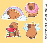 Cute capybara character, set of cartoon style illustrations