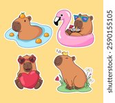 Cute capybara character, set of cartoon style illustrations