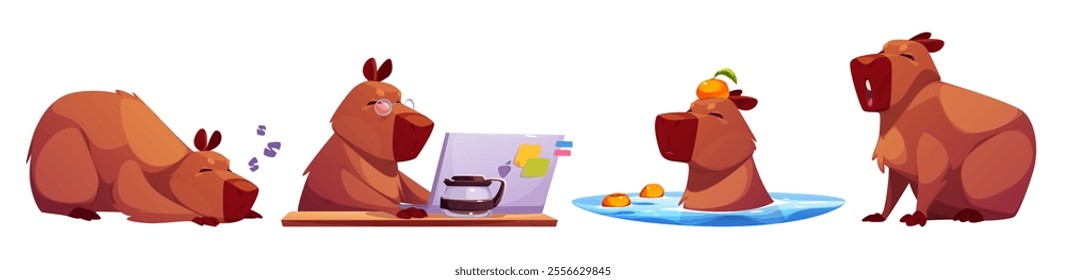 Cute capybara character set showing daily activities - sleeping, working on laptop with coffee, swimming in water with oranges, sitting. Brown chubby rodents with expressive muzzles of different moods