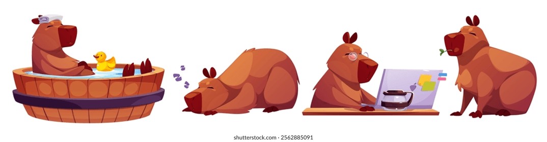 Cute capybara character set showing different activities - relaxing in wooden bathtub with rubber duck, sleeping peacefully, in glasses working with laptop and coffee in pot, sitting and eating leaf.