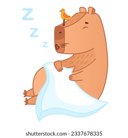 Cute capybara character sleeping. Cartoon animal sticker. Vector illustration on white background