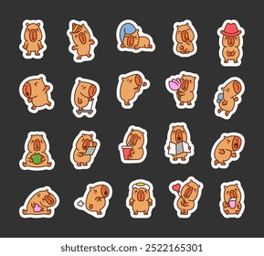 Cute capybara character. Sticker Bookmark. Funny cartoon animal. Hand drawn style. Vector drawing. Collection of design elements.