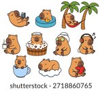 Cute capybara character sticker set with funny animals relaxing, reading, spa treatments, sleeping in hammock, listening to music and drinking coffee, cozy wellness lifestyle vector collection.