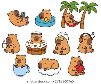 Cute capybara character sticker set with funny animals relaxing, reading, spa treatments, sleeping in hammock, listening to music and drinking coffee, cozy wellness lifestyle vector collection.