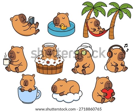 Cute capybara character sticker set with funny animals relaxing, reading, spa treatments, sleeping in hammock, listening to music and drinking coffee, cozy wellness lifestyle vector collection.