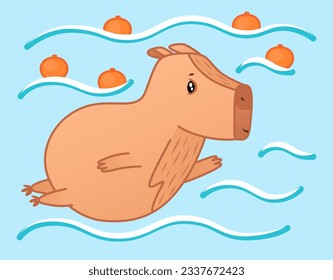 Cute capybara character swimming in water. Cartoon animal sticker. Vector illustration