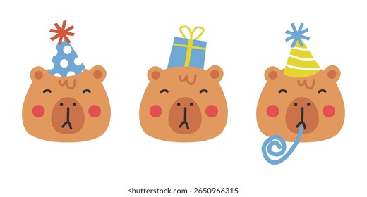 Cute capybara characters celebrating birthday with hats, gift, and blower. Adorable animal cartoon set for holiday, party, and fun. Modern flat vector illustration.