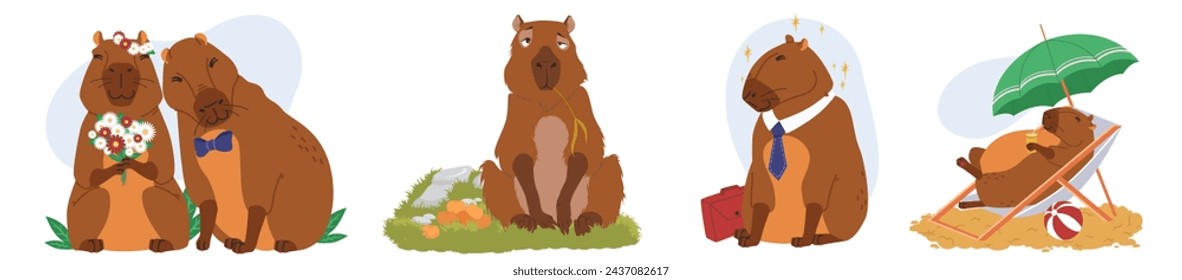 Lindos personajes de capibara actividades cotidianas pegatinas encantadoras, set de estampados frescos. Animales salvajes divertidos que se casan, se sienten aburridos, tener éxito en el trabajo, tomar el sol en la playa ilustración vectorial