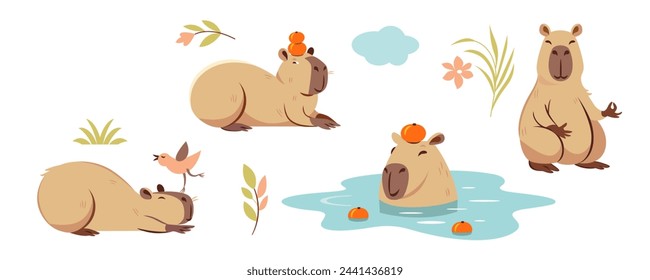 Cute capybara characters set, vector isolated flat illustrations