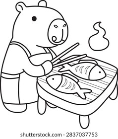 Cute Capybara Chef Grilling Two Fish coloring page