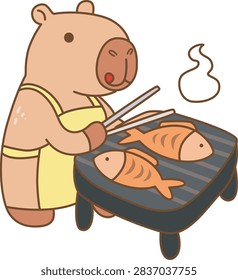 Cute Capybara Chef Grilling Two Fish