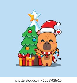 Cute capybara with christmas lamp. Cartoon vector illustration in Christmas day.
