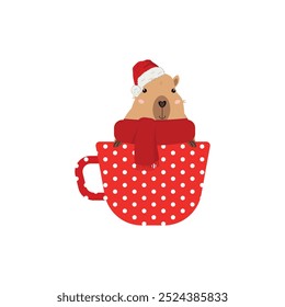 Cute capybara in a Christmas mug with white polka dots.white background .