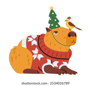 Cute capybara in Christmas sweater and funny hat with tiny bird sitting on its nose flat vector illustration isolated on white.