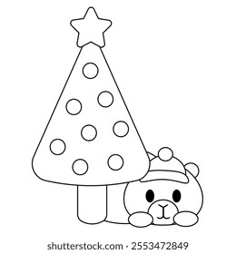 Cute Capybara with Christmas Tree in black and white