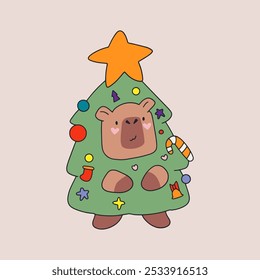 Cute capybara in Christmas tree clothes. Trendy vector illustration.