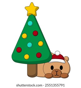 Cute Capybara with Christmas Tree in color