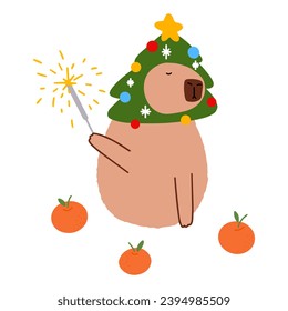 Cute capybara with Christmas tree in flat style. Capybara vector illustration for Merry Christmas and New Year greeting card