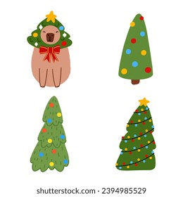 Cute capybara with Christmas tree in flat style. Capybara vector illustration for Merry Christmas and New Year greeting card