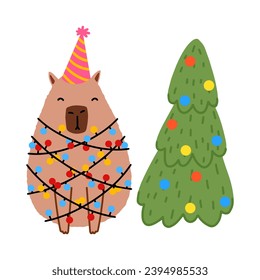 Cute capybara with Christmas tree in flat style. Capybara vector illustration for Merry Christmas and New Year greeting card
