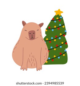 Cute capybara with Christmas tree in flat style. Capybara vector illustration for Merry Christmas and New Year greeting card