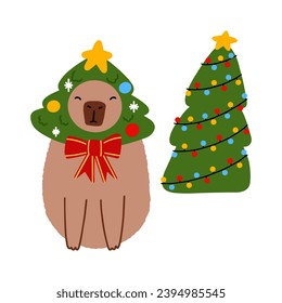 Cute capybara with Christmas tree in flat style. Capybara vector illustration for Merry Christmas and New Year greeting card