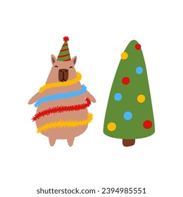 Cute capybara with Christmas tree in flat style. Capybara vector illustration for Merry Christmas and New Year greeting card