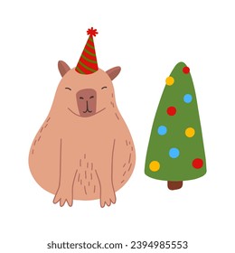 Cute capybara with Christmas tree in flat style. Capybara vector illustration for Merry Christmas and New Year greeting card