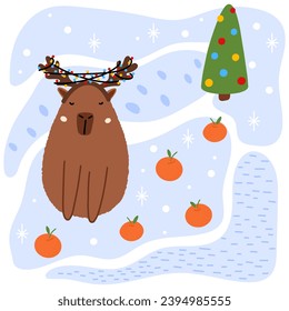 Cute capybara with Christmas tree in flat style. Capybara vector illustration for Merry Christmas and New Year greeting card