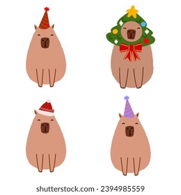 Cute capybara with Christmas tree in flat style. Capybara vector illustration for Merry Christmas and New Year greeting card