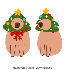 Cute capybara with Christmas tree in flat style. Capybara vector illustration for Merry Christmas and New Year greeting card