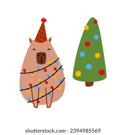 Cute capybara with Christmas tree in flat style. Capybara vector illustration for Merry Christmas and New Year greeting card