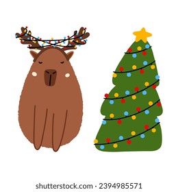 Cute capybara with Christmas tree in flat style. Capybara vector illustration for Merry Christmas and New Year greeting card