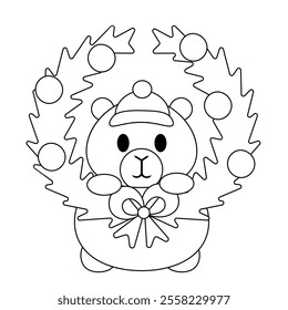 Cute Capybara with Christmas wreath in black and white