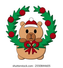 Cute Capybara with Christmas wreath in color