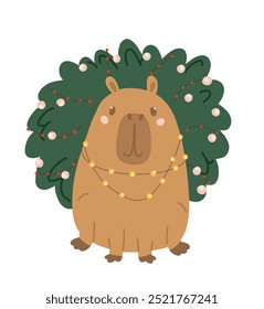 Capybara lindo y corona de Navidades. Ilustración vectorial de Nuevo año para la etiqueta engomada, caja del teléfono, cartel, camiseta, taza y otro diseño.