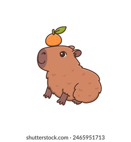 Cute capybara and citrus fruit. Cartoon funny rodent with tangerine or mandarin. Charming cute animal character. Vector illustration isolated on white background