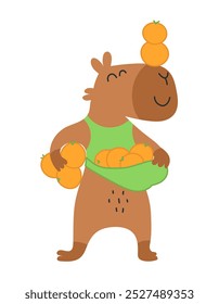 Cute capybara with citrus fruits in hands. Cheerful happy animal. Vector freehand flat isolated illustration