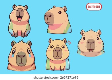 cute capybara clip art and vector for educational purposes, any kind of face expression such as happy, sad, angry, wondering