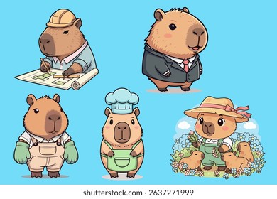 cute capybara clip art and vector for educational purposes, capybara as lawyer, engineering, famer, chef