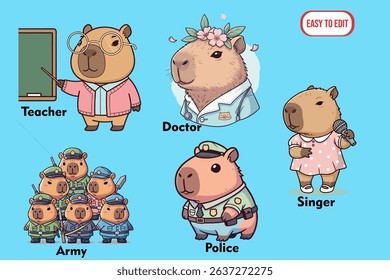 cute capybara clip art and vector for educational purposes, capybara as teacher, doctor, army, police, and singer