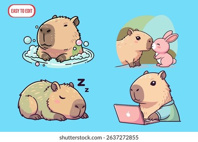 cute capybara clip art and vector for educational purposes, any kind of activities such as taking bath, sleeping, caring friend, working